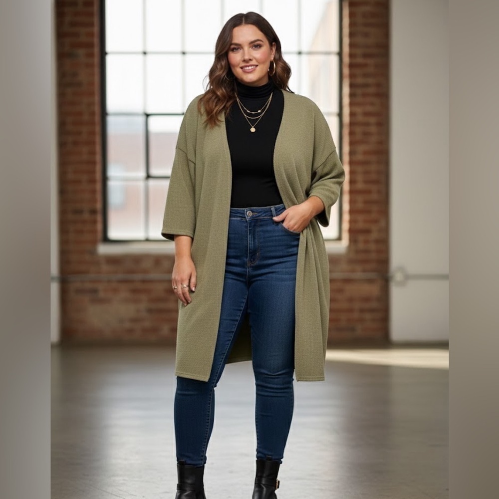 Olive Green 3/4 Sleeve Longline Cardigan